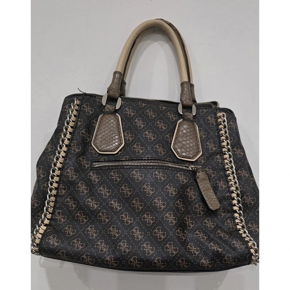 GUESS‎ Brown Beige Logo Chain Studded Satchel Bag Silver Hardware